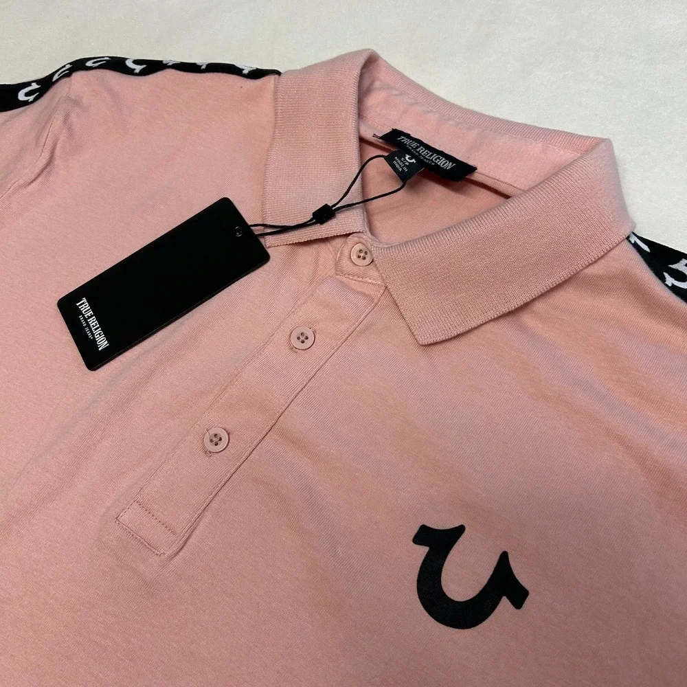 NWT True Religion Polo Shirt Mens Small Pink Logo Trim Relaxed Fit Cotton Tee